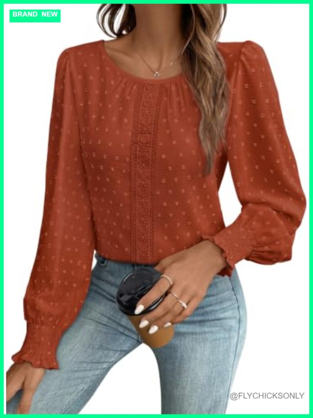Womens Swiss Dot Tunic Blouse Crochet Lace Pom Pom Long Sleeve Top